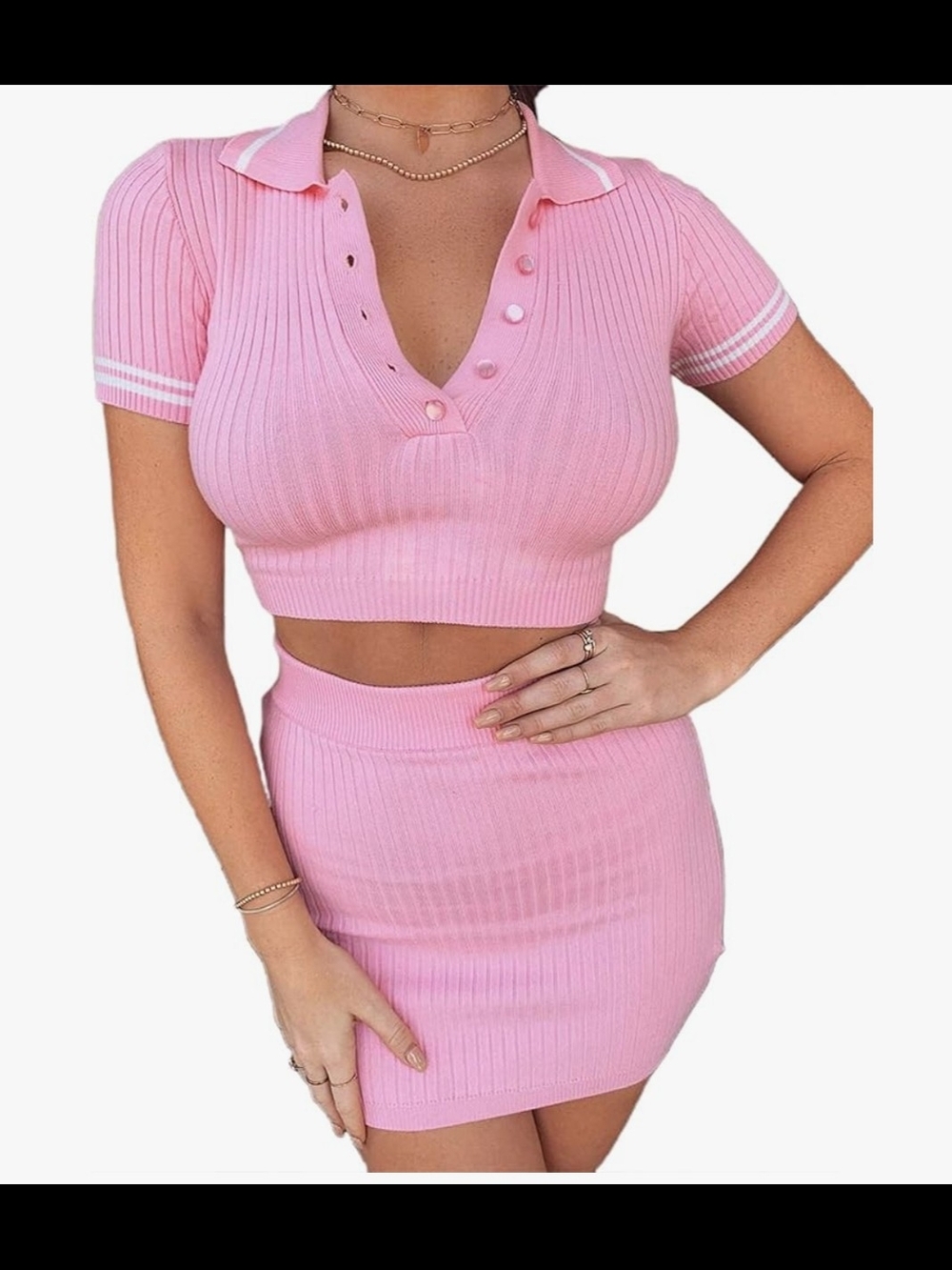 Pink Ribbed Knit Mini Skirt and Top Set - Women's High-Waist Pencil Skirt